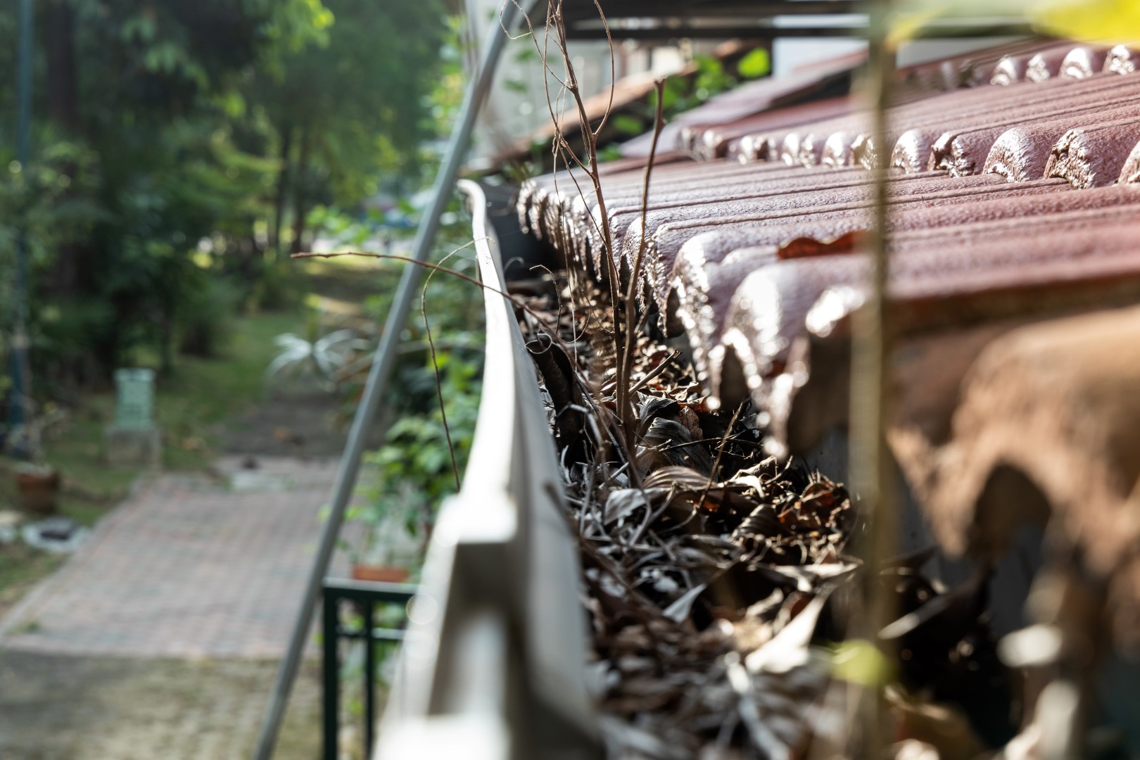 Clogged gutters with debris, contributing to poor roof drainage and potential roofing damage.